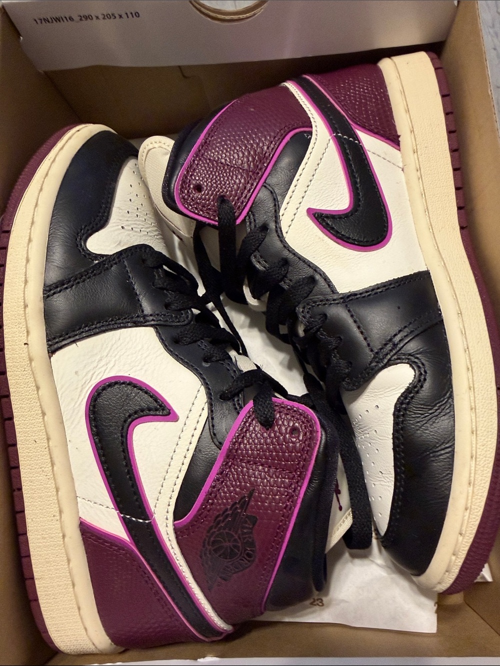 Nike Air Jordan 1 Mid SE - White, Black & Deep Burgundy with Pink Trim